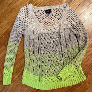 American Eagle Outfitters open knit tan and bright green sweater
